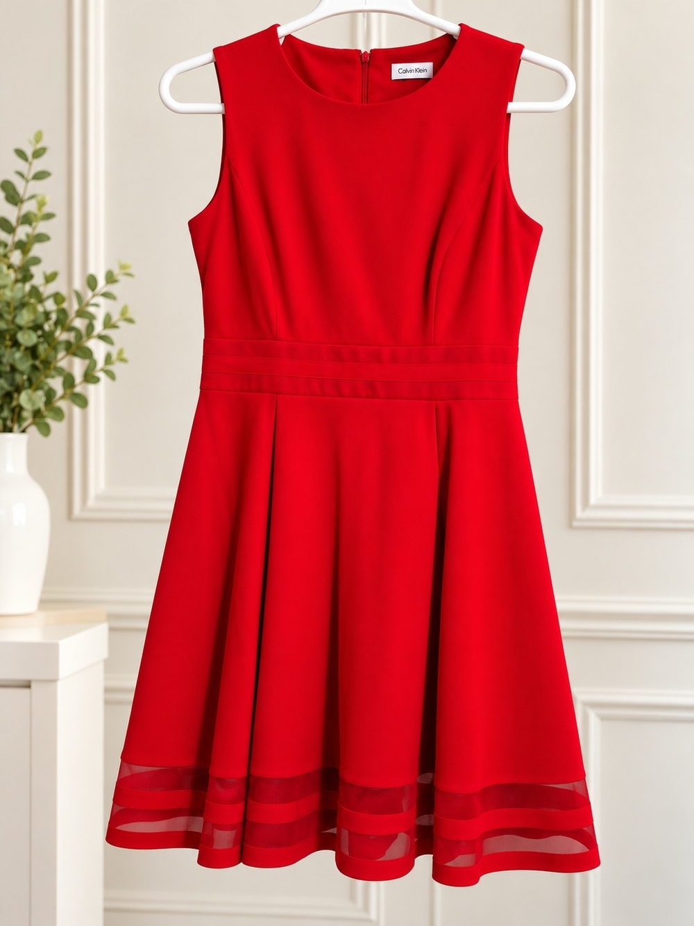 Calvin Klein Red Sleeveless Fit-and-Flare Dress with Sheer Hem